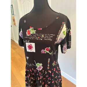 VTG 80s 90s Floral Script Print Dress Drop Waist Tiered Art Teacher Whimsigoth S